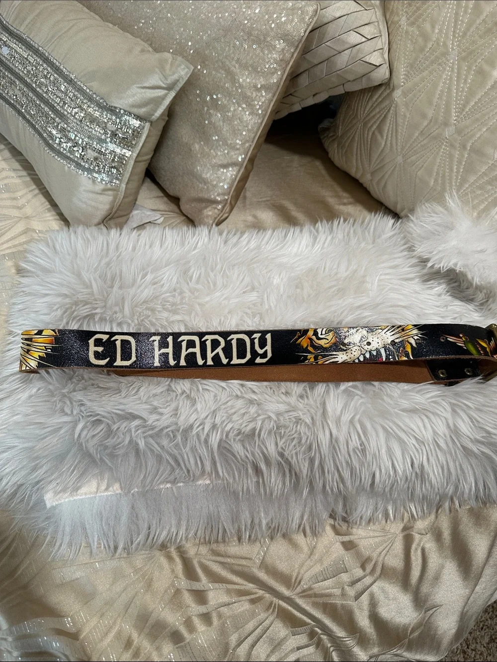 Ed Hardy Black Belt with Cream Logo and Multicolor Tiger Graphic